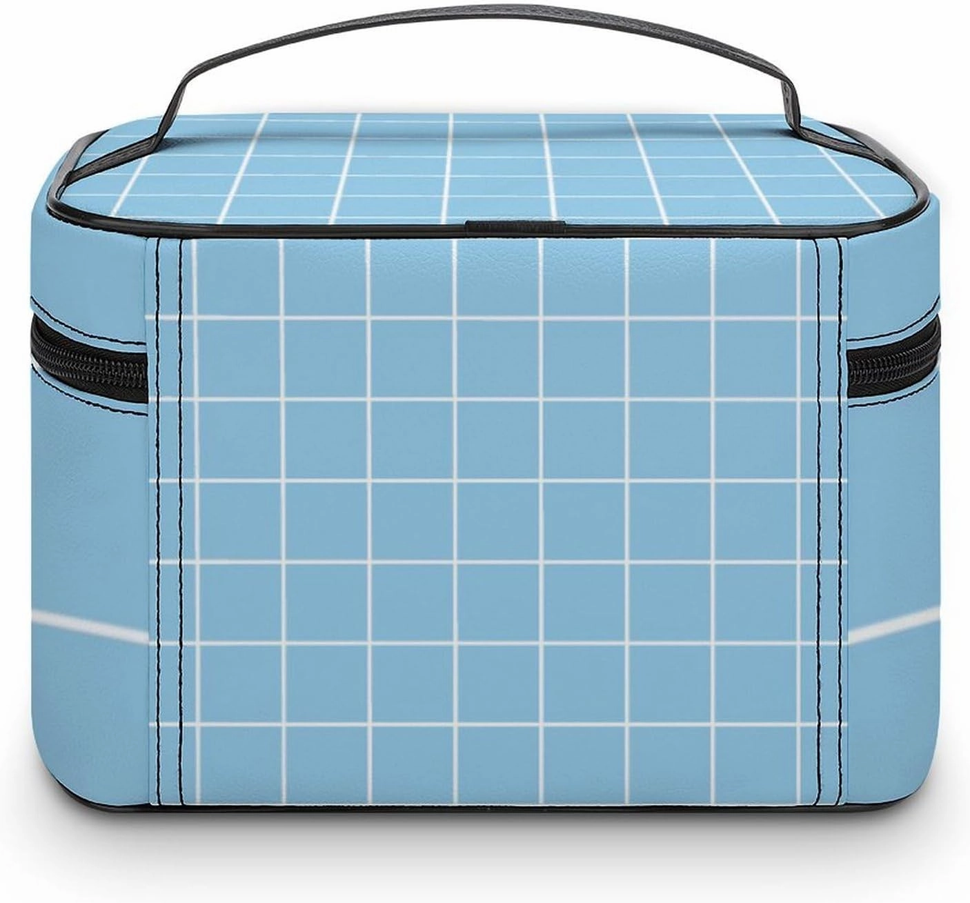Leather Cosmetic Case, Light Blue Retro Portable Makeup Bag Organizer Large Capacity Travel Toiletry Bag with Zipper