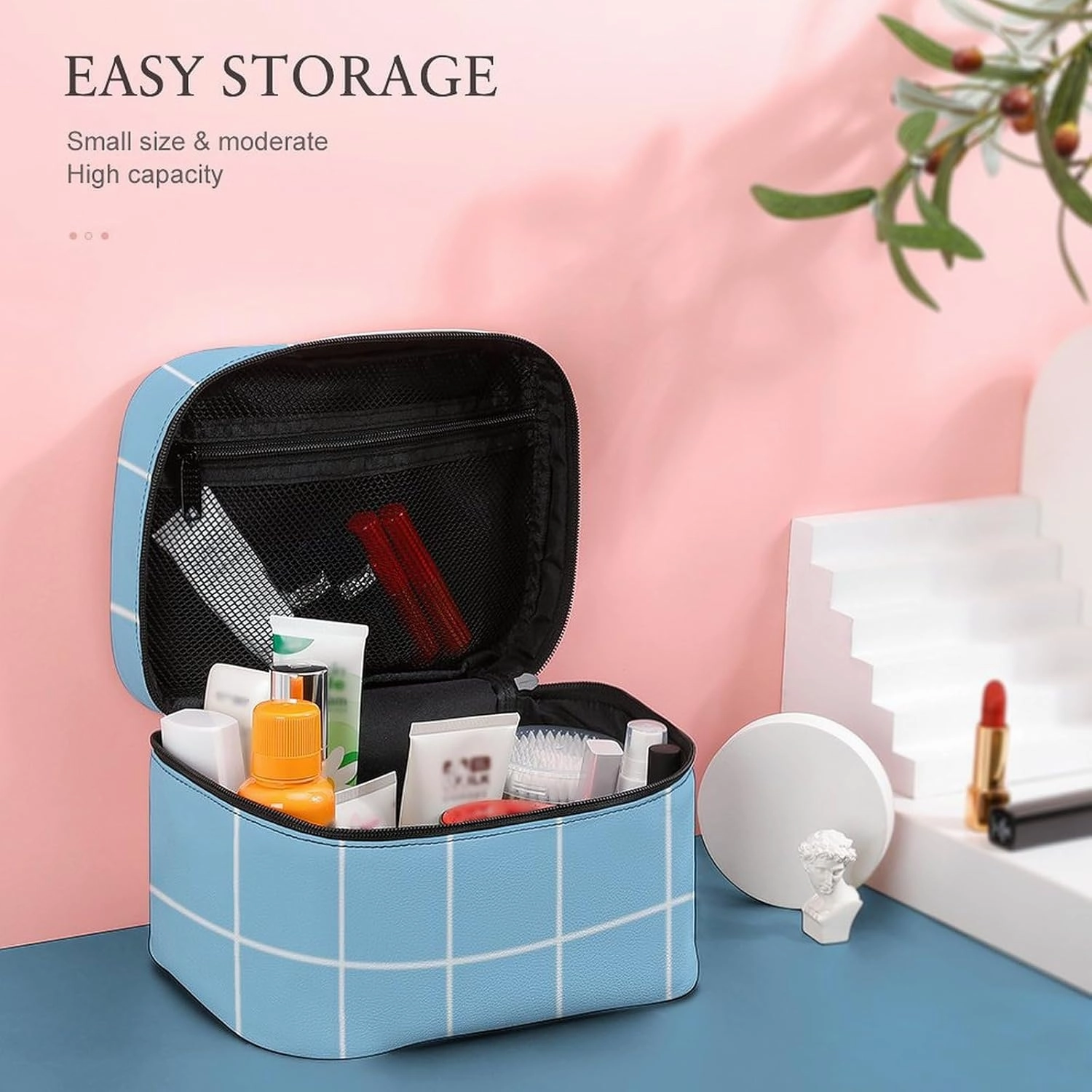 Leather Cosmetic Case, Light Blue Retro Portable Makeup Bag Organizer Large Capacity Travel Toiletry Bag with Zipper