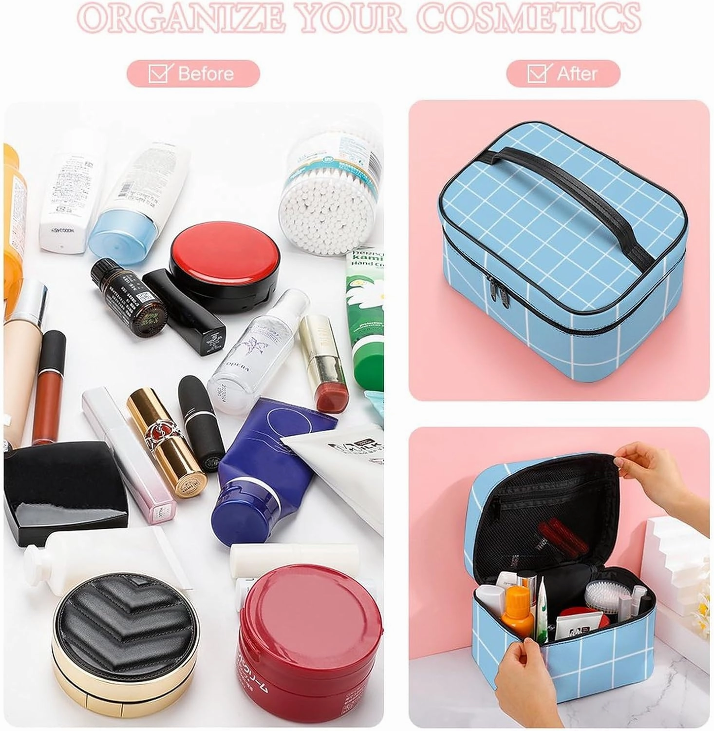 Leather Cosmetic Case, Light Blue Retro Portable Makeup Bag Organizer Large Capacity Travel Toiletry Bag with Zipper