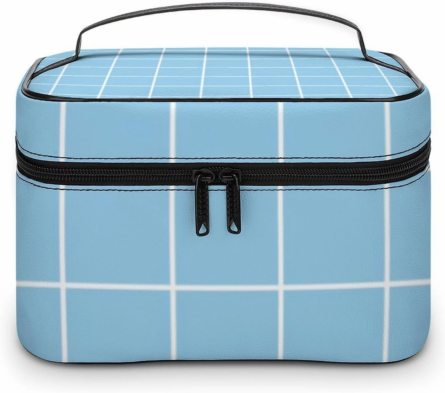 Leather Cosmetic Case, Light Blue Retro Portable Makeup Bag Organizer Large Capacity Travel Toiletry Bag with Zipper
