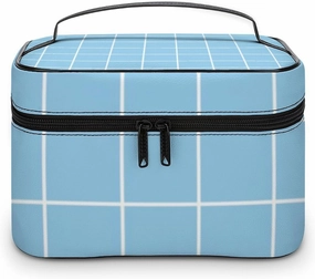 Leather Cosmetic Case, Light Blue Retro Portable Makeup Bag Organizer Large Capacity Travel Toiletry Bag with Zipper