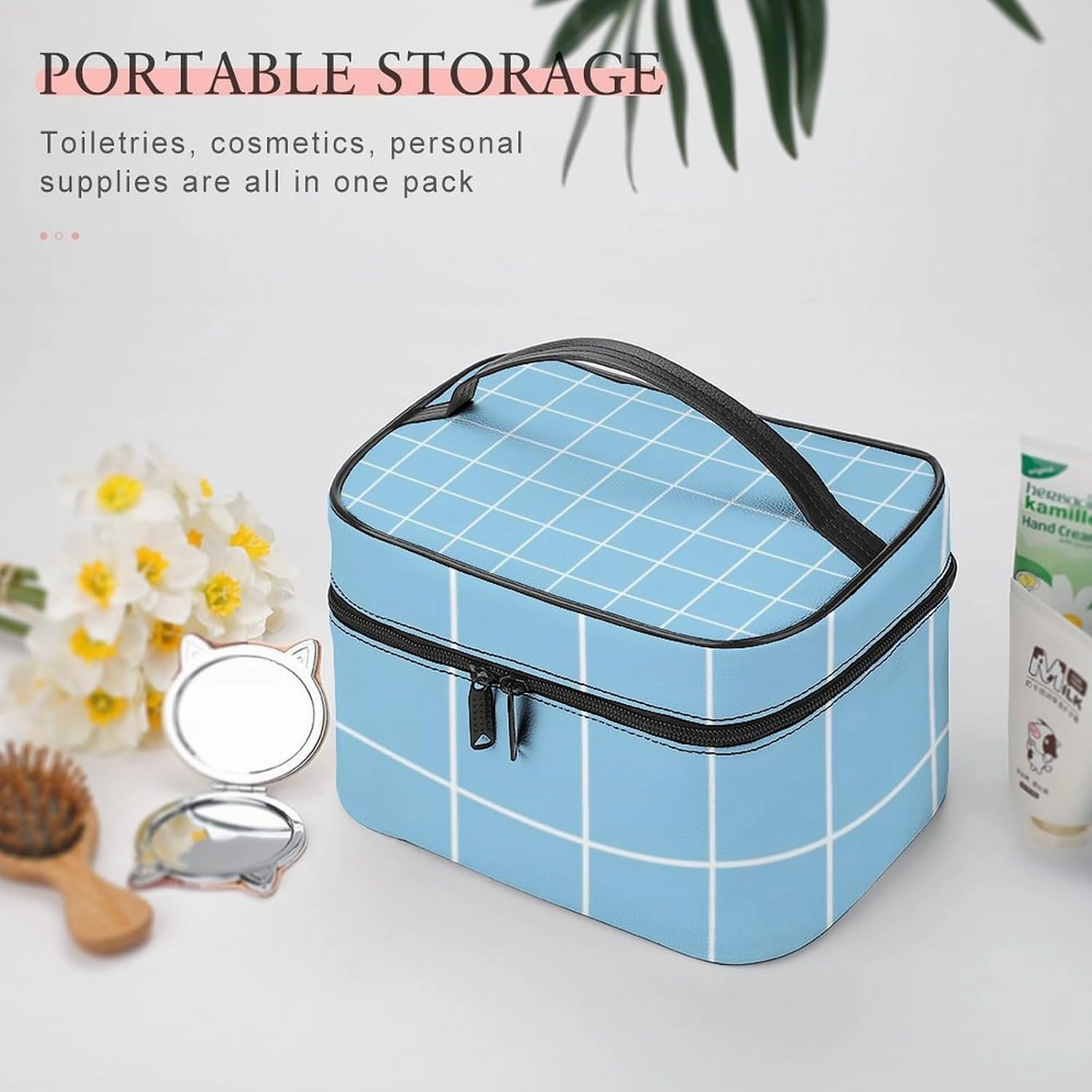 Leather Cosmetic Case, Light Blue Retro Portable Makeup Bag Organizer Large Capacity Travel Toiletry Bag with Zipper