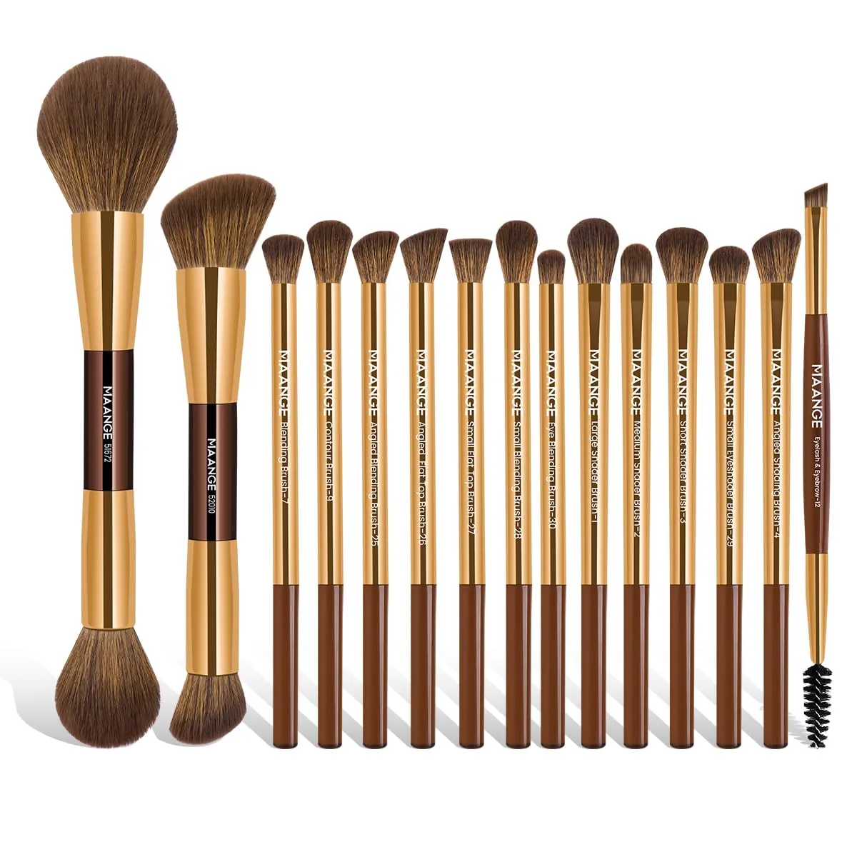 MAANGE 15 PCS Makeup Brushes Double-ended Makeup Brush Set Double Sided Angled/Round Top Brush Foundation Contour Blending Eyebrow Eyeshadow Concealer (Coffee Gold)