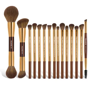 MAANGE 15 PCS Makeup Brushes Double-ended Makeup Brush Set Double Sided Angled/Round Top Brush Foundation Contour Blending Eyebrow Eyeshadow Concealer (Coffee Gold)