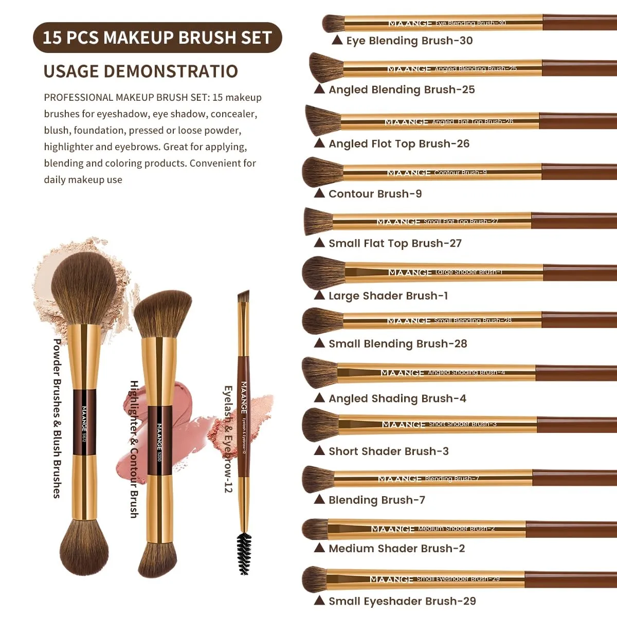 MAANGE 15 PCS Makeup Brushes Double-ended Makeup Brush Set Double Sided Angled/Round Top Brush Foundation Contour Blending Eyebrow Eyeshadow Concealer (Coffee Gold)