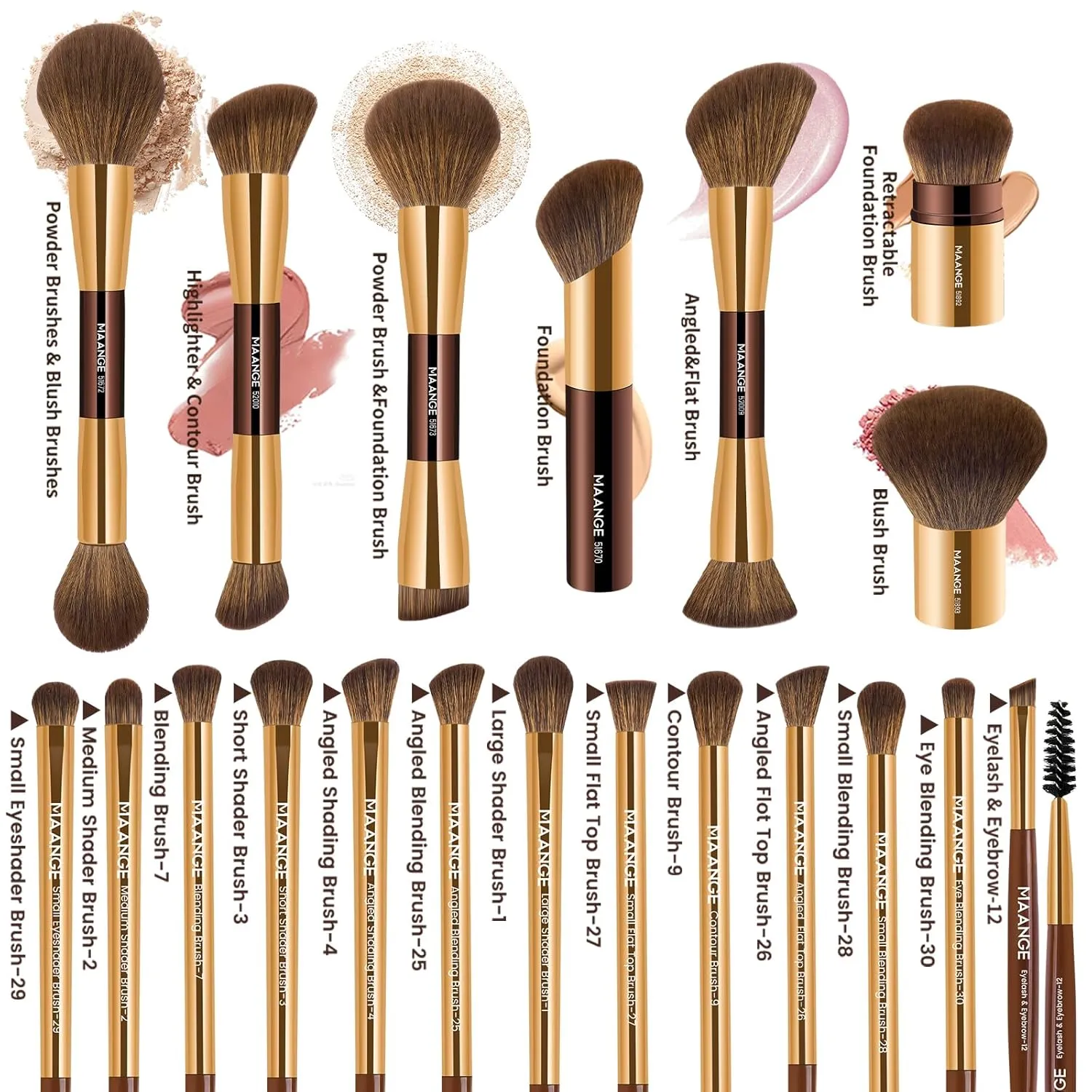MAANGE 20 Pcs Makeup Brushes with Gift Box, Double-End Multi-functional Makeup Brushes for Blending Liquid Powder Concealer Cream Blush Buffe,Coffee Gold