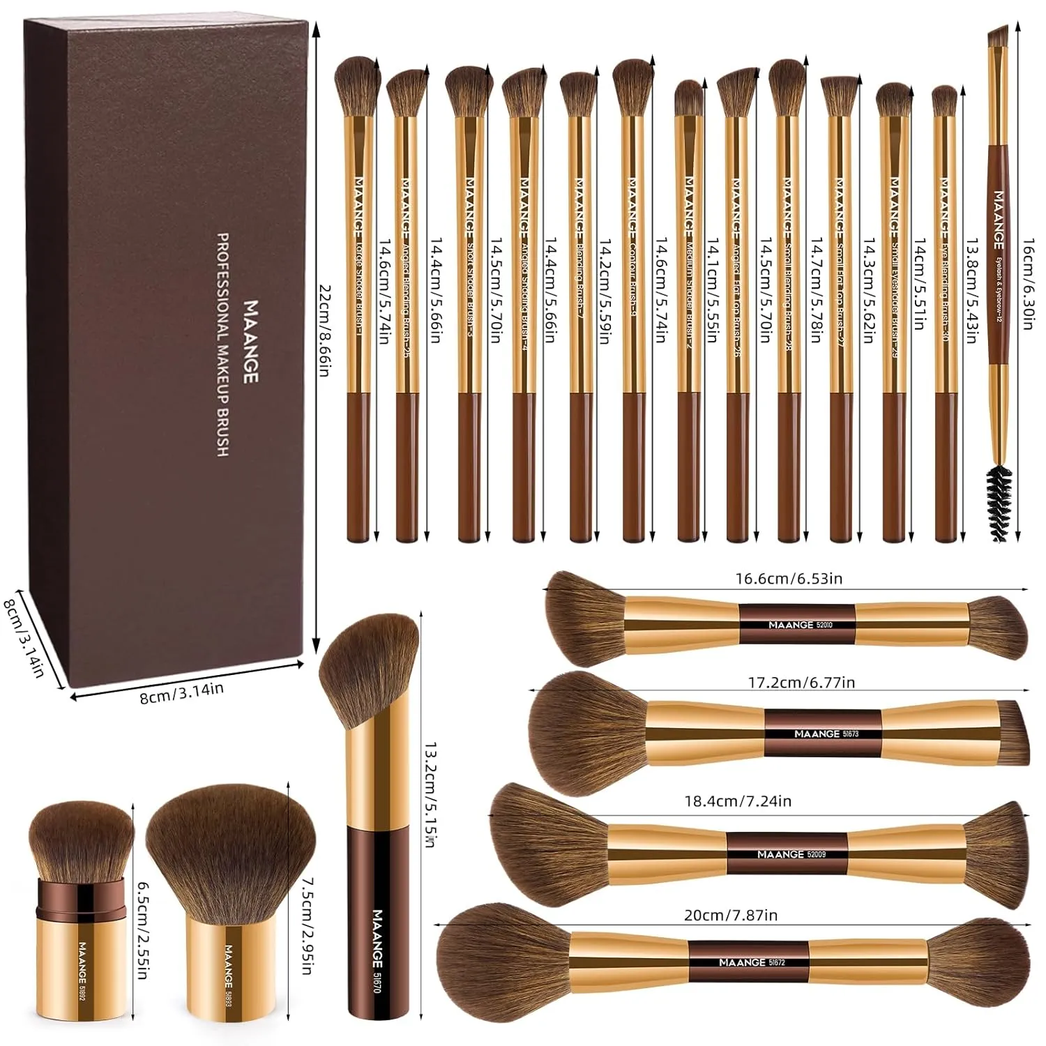 MAANGE 20 Pcs Makeup Brushes with Gift Box, Double-End Multi-functional Makeup Brushes for Blending Liquid Powder Concealer Cream Blush Buffe,Coffee Gold