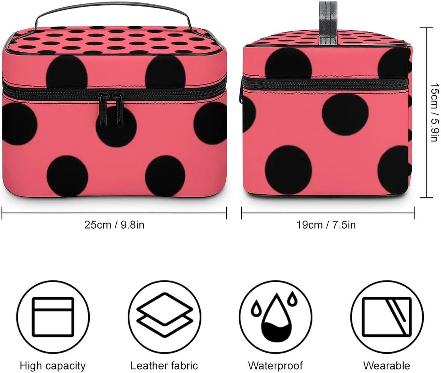 Makeup Bag, Black Polka Dots on Coral Travel Cosmetic Bag Makeup Organizer Case Large Capacity Portable Zipper Toiletry Bag for Women