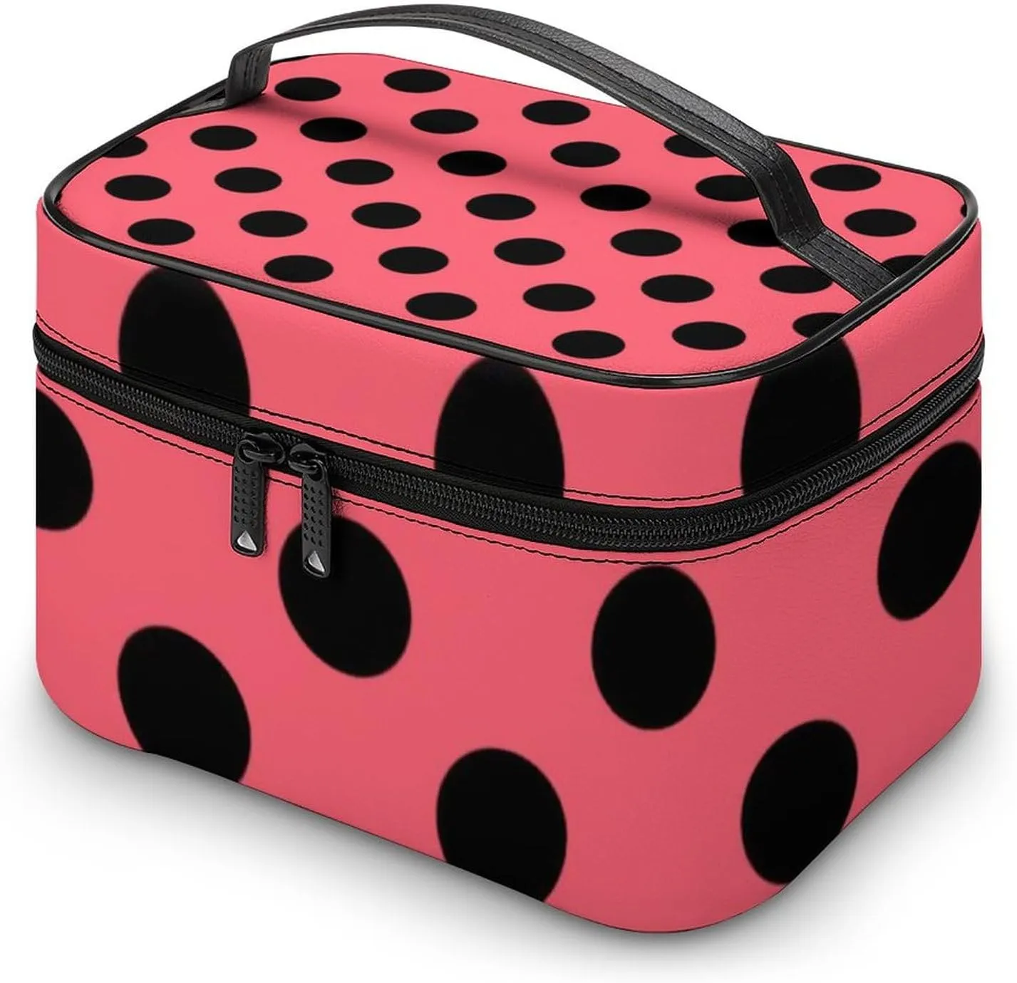 Makeup Bag, Black Polka Dots on Coral Travel Cosmetic Bag Makeup Organizer Case Large Capacity Portable Zipper Toiletry Bag for Women