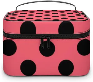 Makeup Bag, Black Polka Dots on Coral Travel Cosmetic Bag Makeup Organizer Case Large Capacity Portable Zipper Toiletry Bag for Women