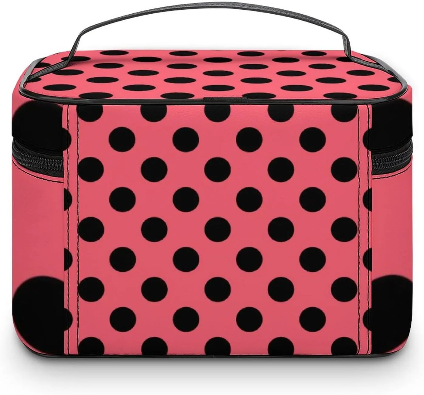Makeup Bag, Black Polka Dots on Coral Travel Cosmetic Bag Makeup Organizer Case Large Capacity Portable Zipper Toiletry Bag for Women