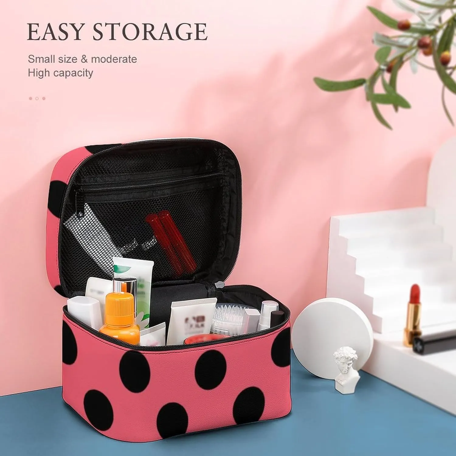 Makeup Bag, Black Polka Dots on Coral Travel Cosmetic Bag Makeup Organizer Case Large Capacity Portable Zipper Toiletry Bag for Women