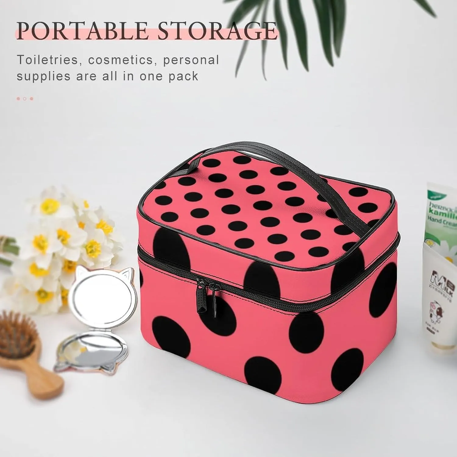 Makeup Bag, Black Polka Dots on Coral Travel Cosmetic Bag Makeup Organizer Case Large Capacity Portable Zipper Toiletry Bag for Women