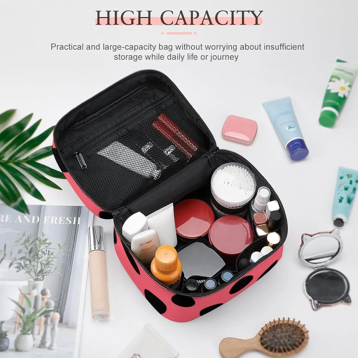 Makeup Bag, Black Polka Dots on Coral Travel Cosmetic Bag Makeup Organizer Case Large Capacity Portable Zipper Toiletry Bag for Women