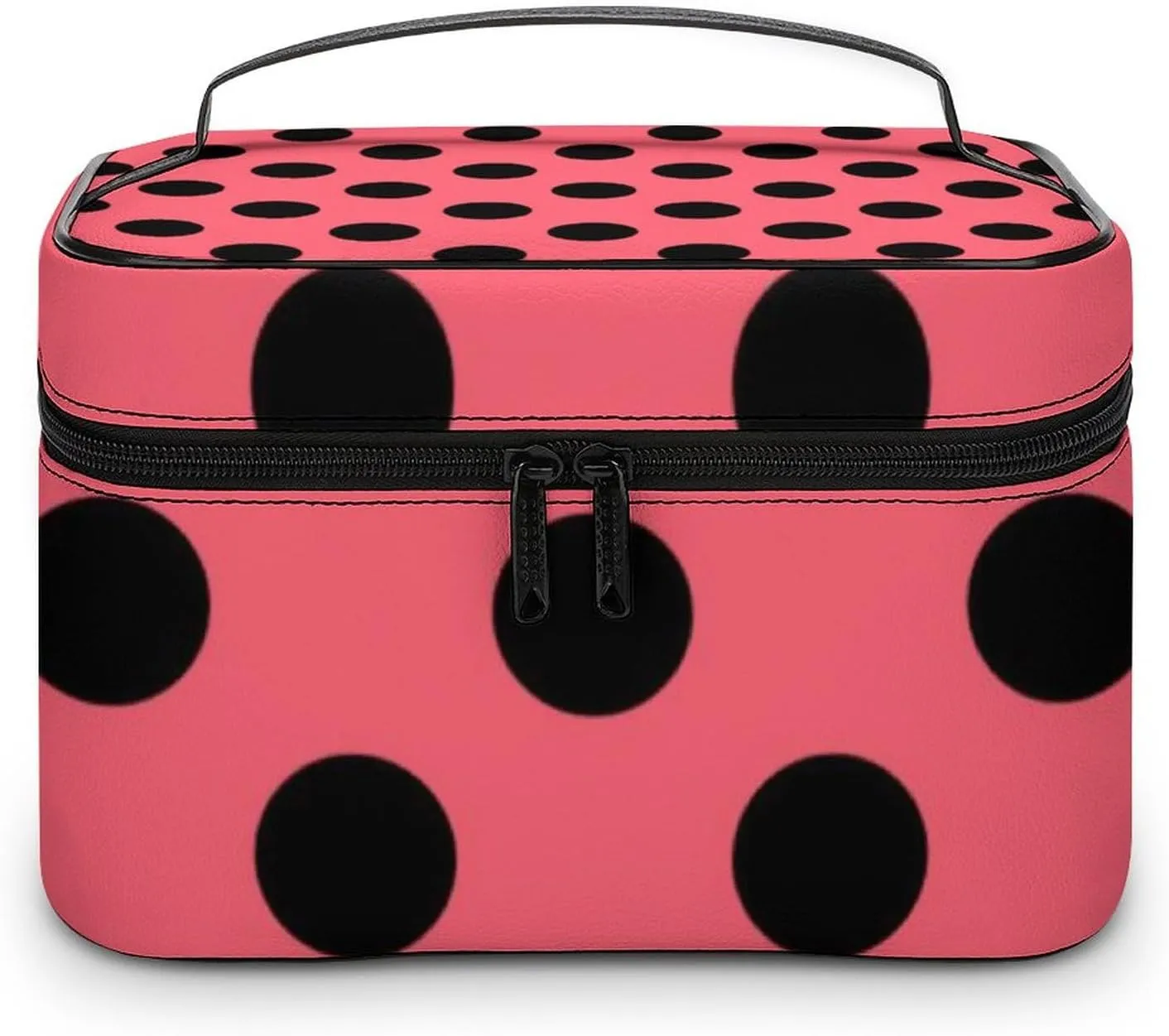 Makeup Bag, Black Polka Dots on Coral Travel Cosmetic Bag Makeup Organizer Case Large Capacity Portable Zipper Toiletry Bag for Women