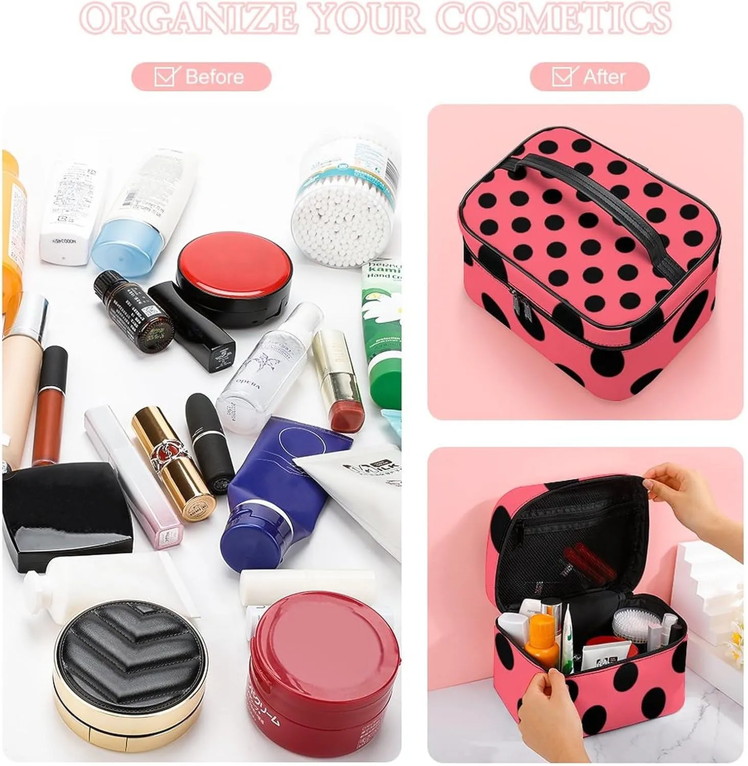 Makeup Bag, Black Polka Dots on Coral Travel Cosmetic Bag Makeup Organizer Case Large Capacity Portable Zipper Toiletry Bag for Women