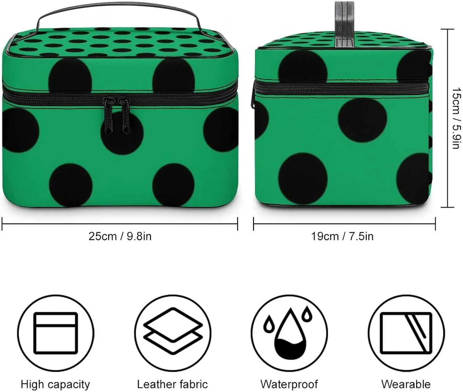 Makeup Bag, Black Polka Dots on Forest Green Travel Cosmetic Bag Makeup Organizer Case Large Capacity Portable Zipper Toiletry Bag for Women