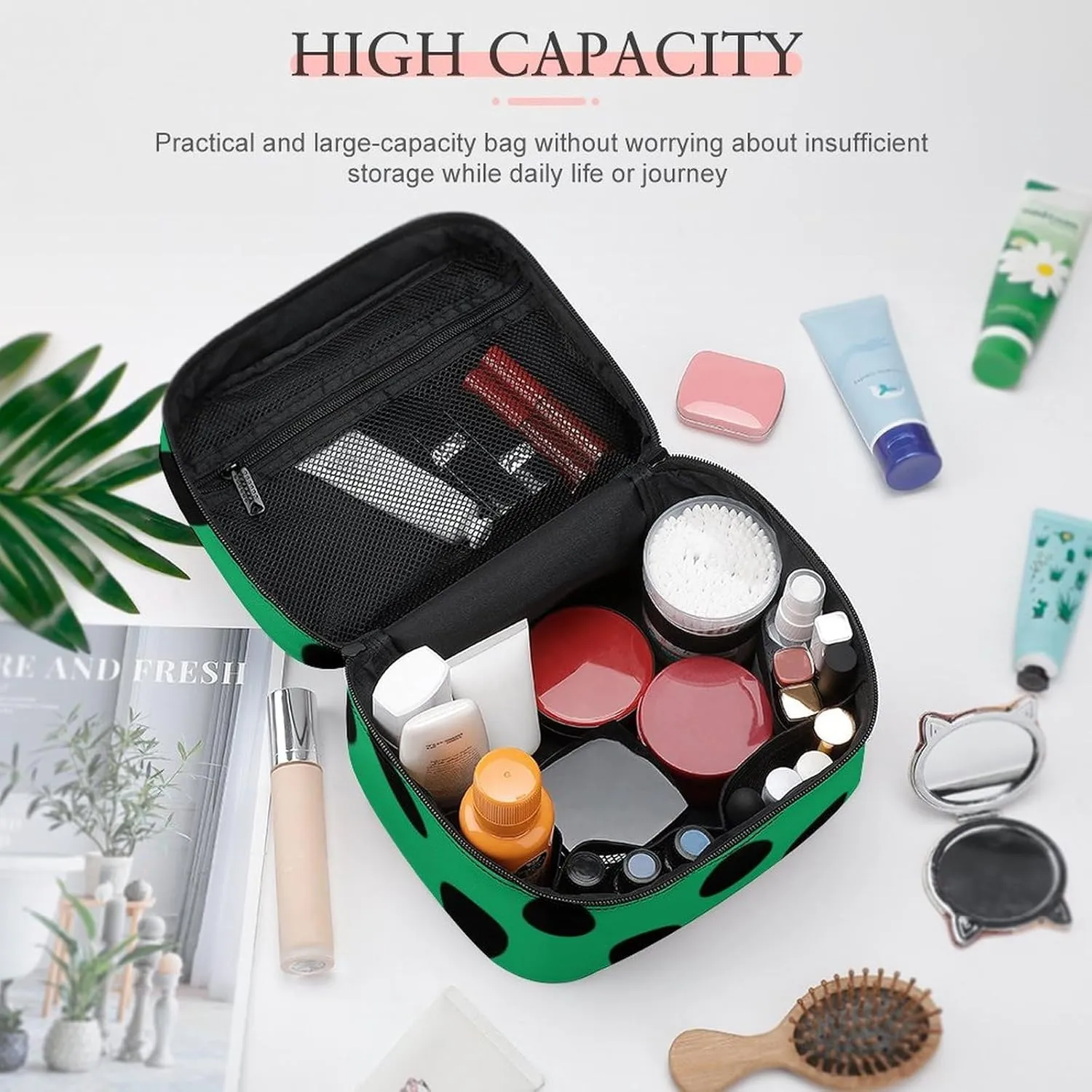 Makeup Bag, Black Polka Dots on Forest Green Travel Cosmetic Bag Makeup Organizer Case Large Capacity Portable Zipper Toiletry Bag for Women
