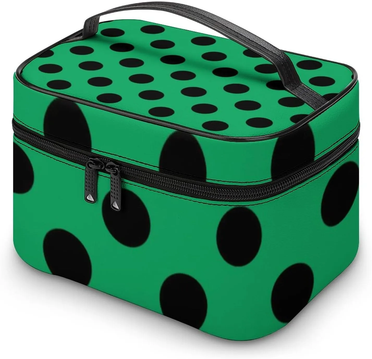 Makeup Bag, Black Polka Dots on Forest Green Travel Cosmetic Bag Makeup Organizer Case Large Capacity Portable Zipper Toiletry Bag for Women