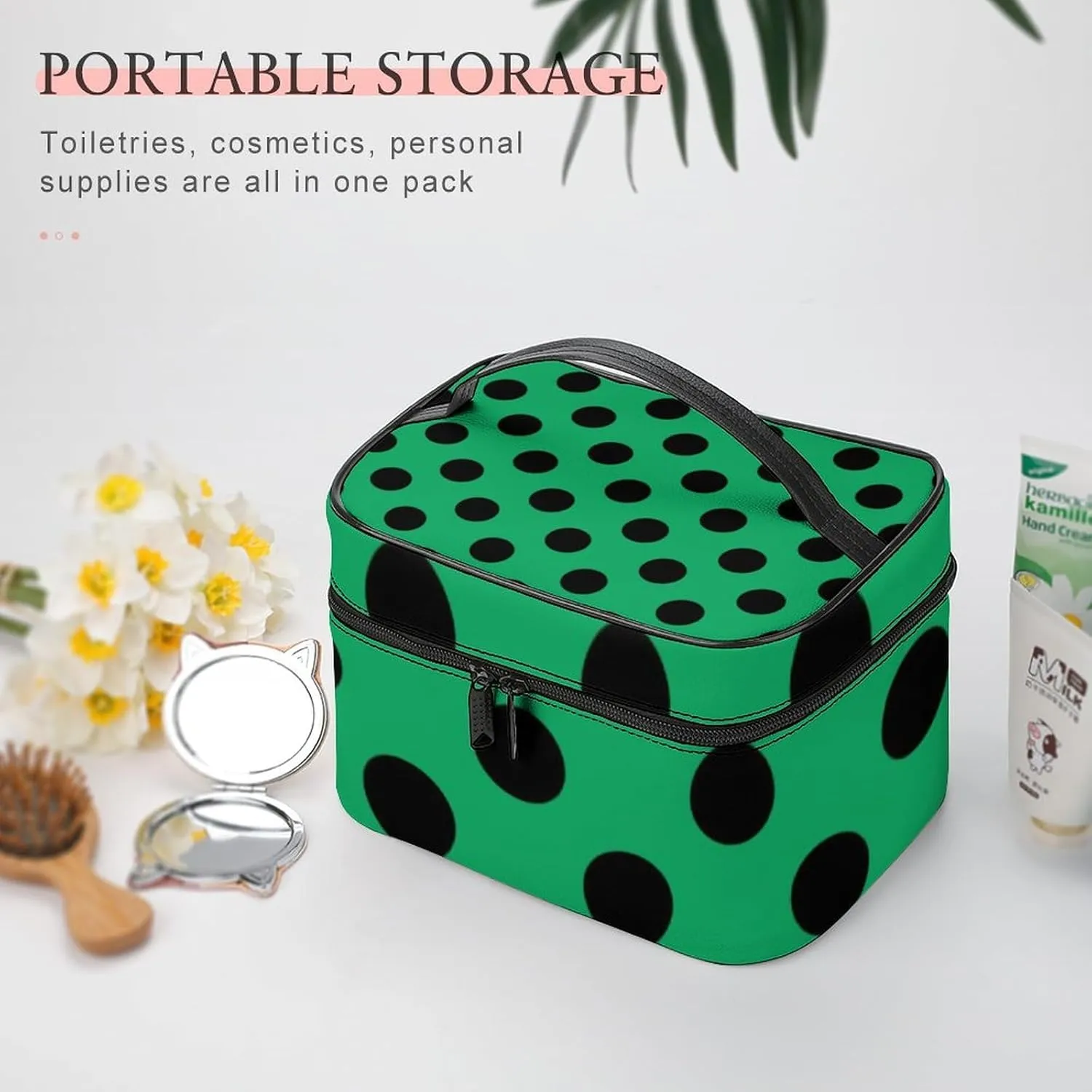 Makeup Bag, Black Polka Dots on Forest Green Travel Cosmetic Bag Makeup Organizer Case Large Capacity Portable Zipper Toiletry Bag for Women