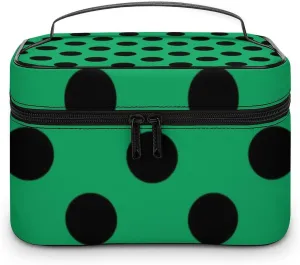 Makeup Bag, Black Polka Dots on Forest Green Travel Cosmetic Bag Makeup Organizer Case Large Capacity Portable Zipper Toiletry Bag for Women