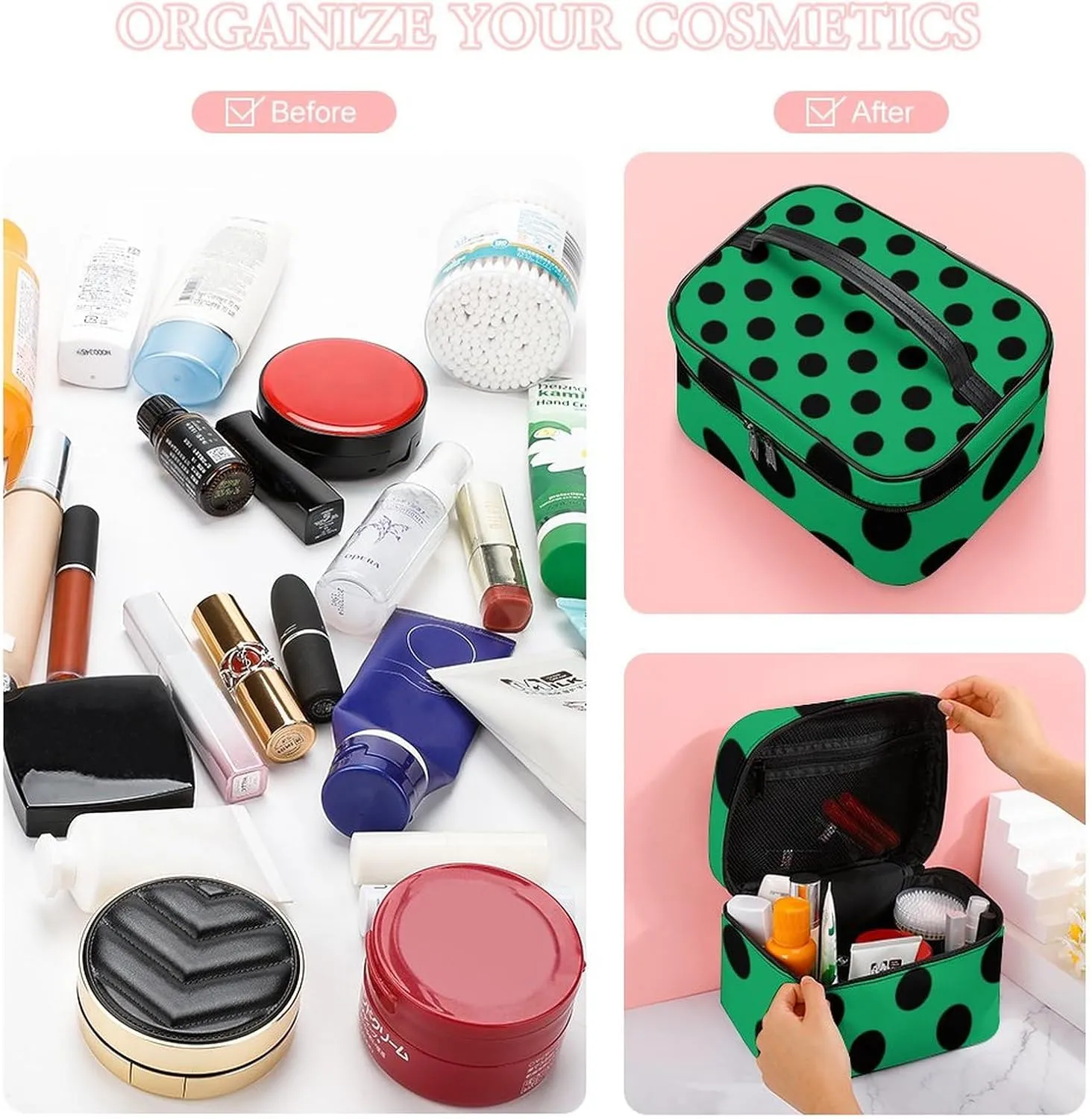 Makeup Bag, Black Polka Dots on Forest Green Travel Cosmetic Bag Makeup Organizer Case Large Capacity Portable Zipper Toiletry Bag for Women