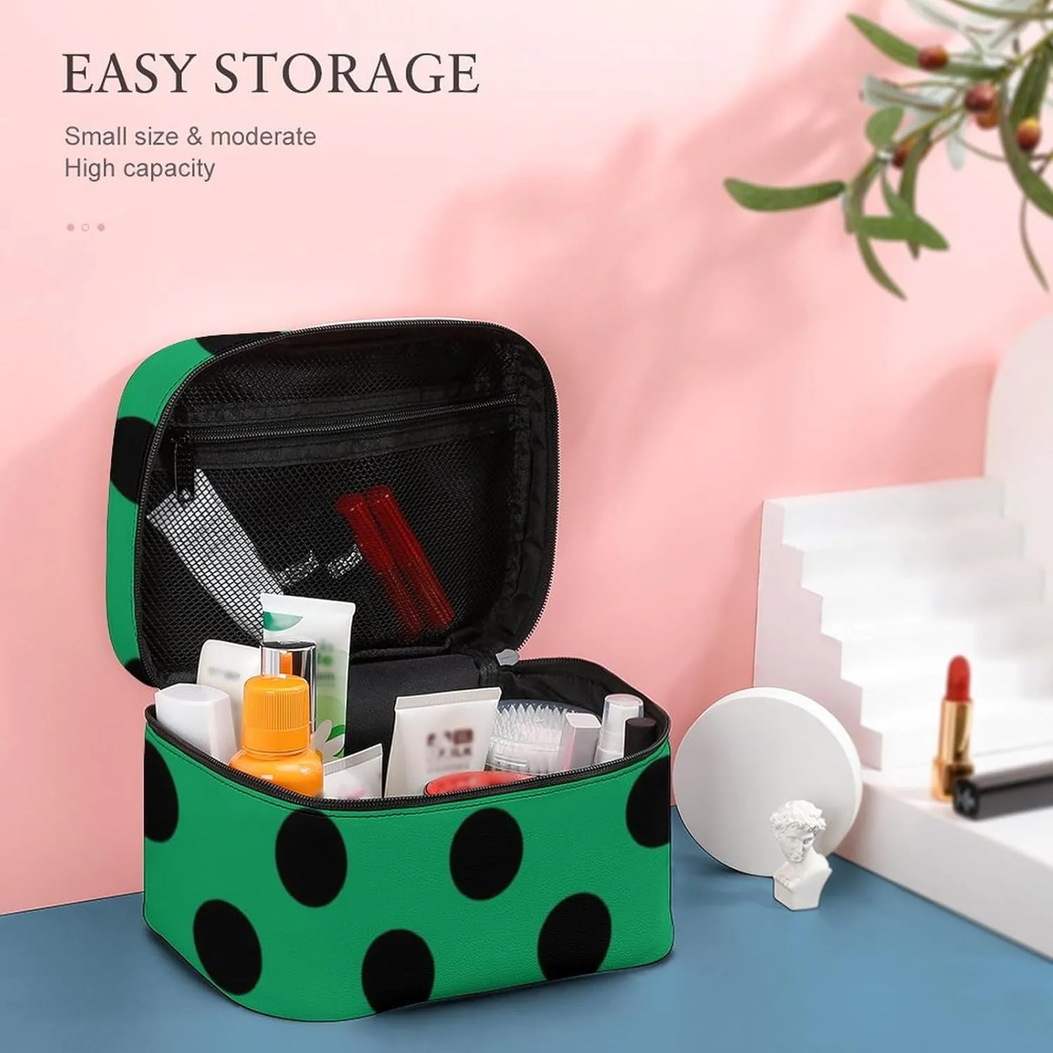 Makeup Bag, Black Polka Dots on Forest Green Travel Cosmetic Bag Makeup Organizer Case Large Capacity Portable Zipper Toiletry Bag for Women