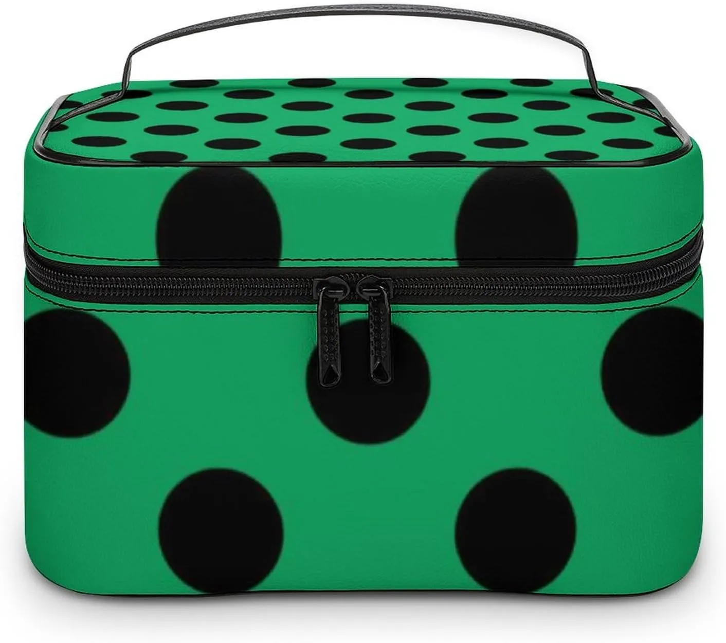 Makeup Bag, Black Polka Dots on Forest Green Travel Cosmetic Bag Makeup Organizer Case Large Capacity Portable Zipper Toiletry Bag for Women