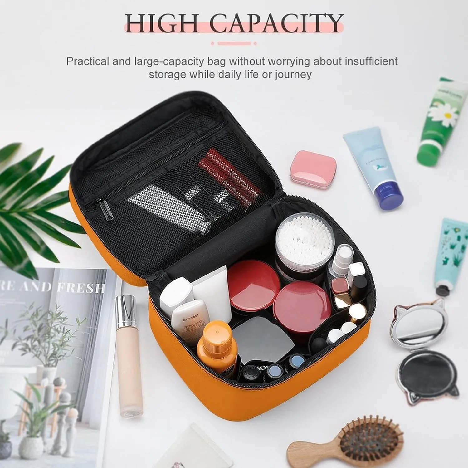 Makeup Bag, Modern Bright Orange Travel Cosmetic Bag Makeup Organizer Case Large Capacity Portable Zipper Toiletry Bag for Women