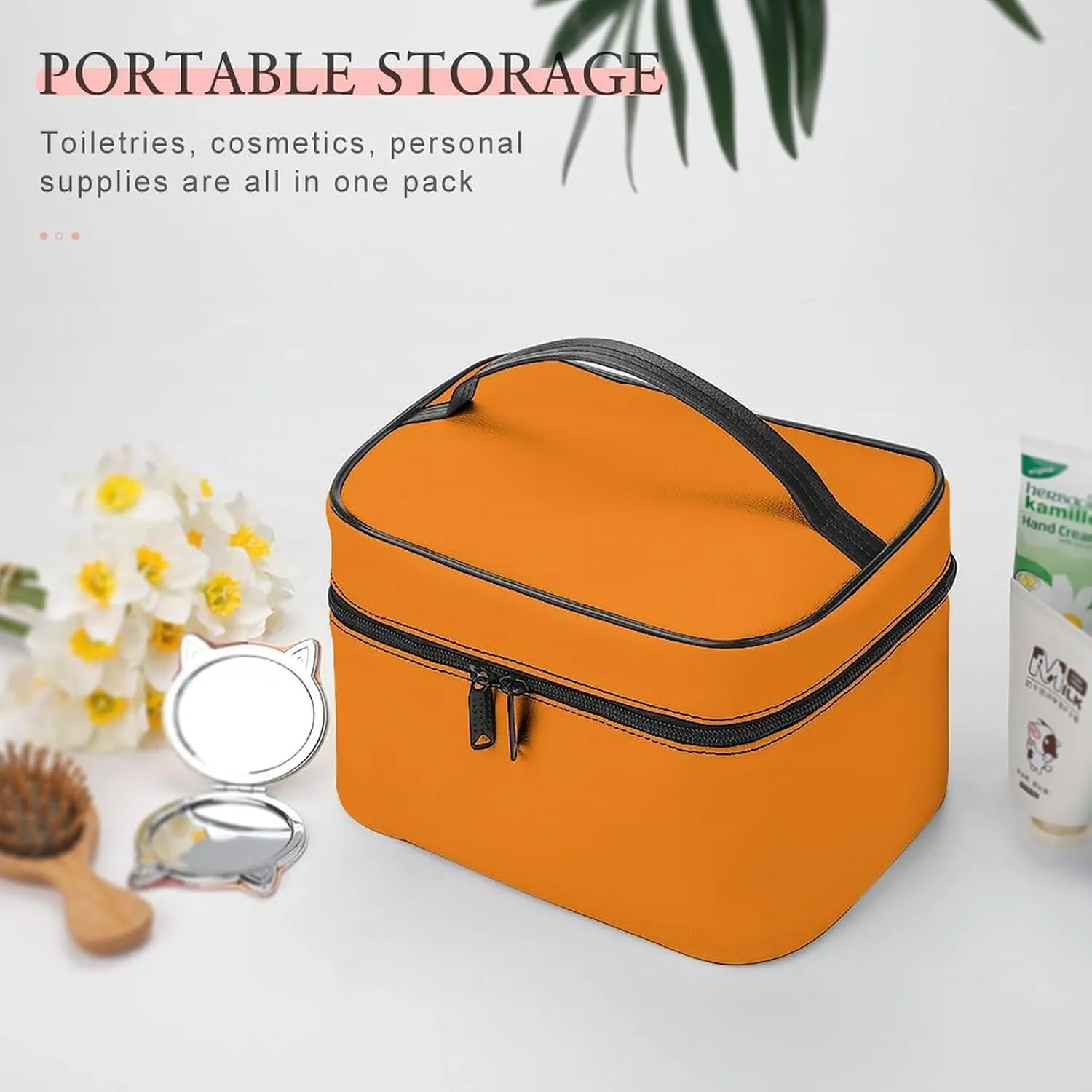 Makeup Bag, Modern Bright Orange Travel Cosmetic Bag Makeup Organizer Case Large Capacity Portable Zipper Toiletry Bag for Women