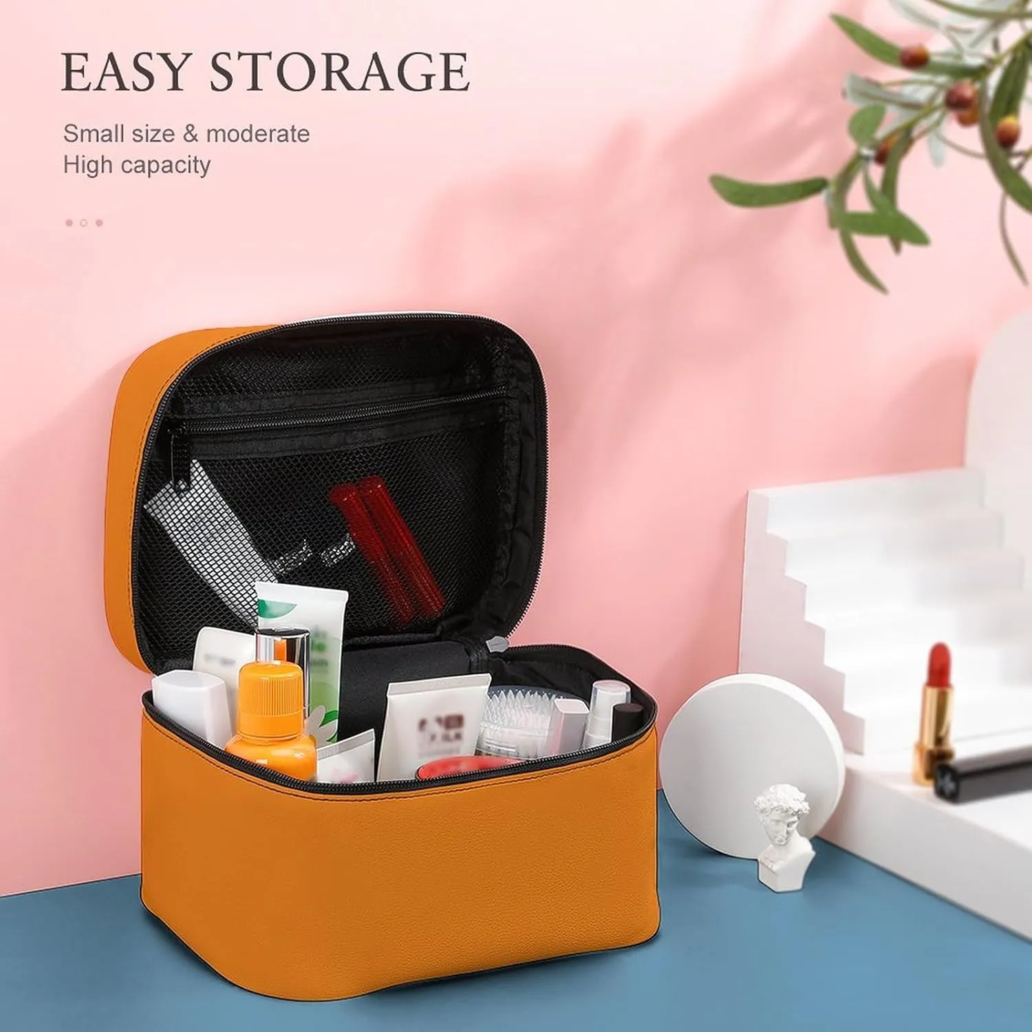 Makeup Bag, Modern Bright Orange Travel Cosmetic Bag Makeup Organizer Case Large Capacity Portable Zipper Toiletry Bag for Women