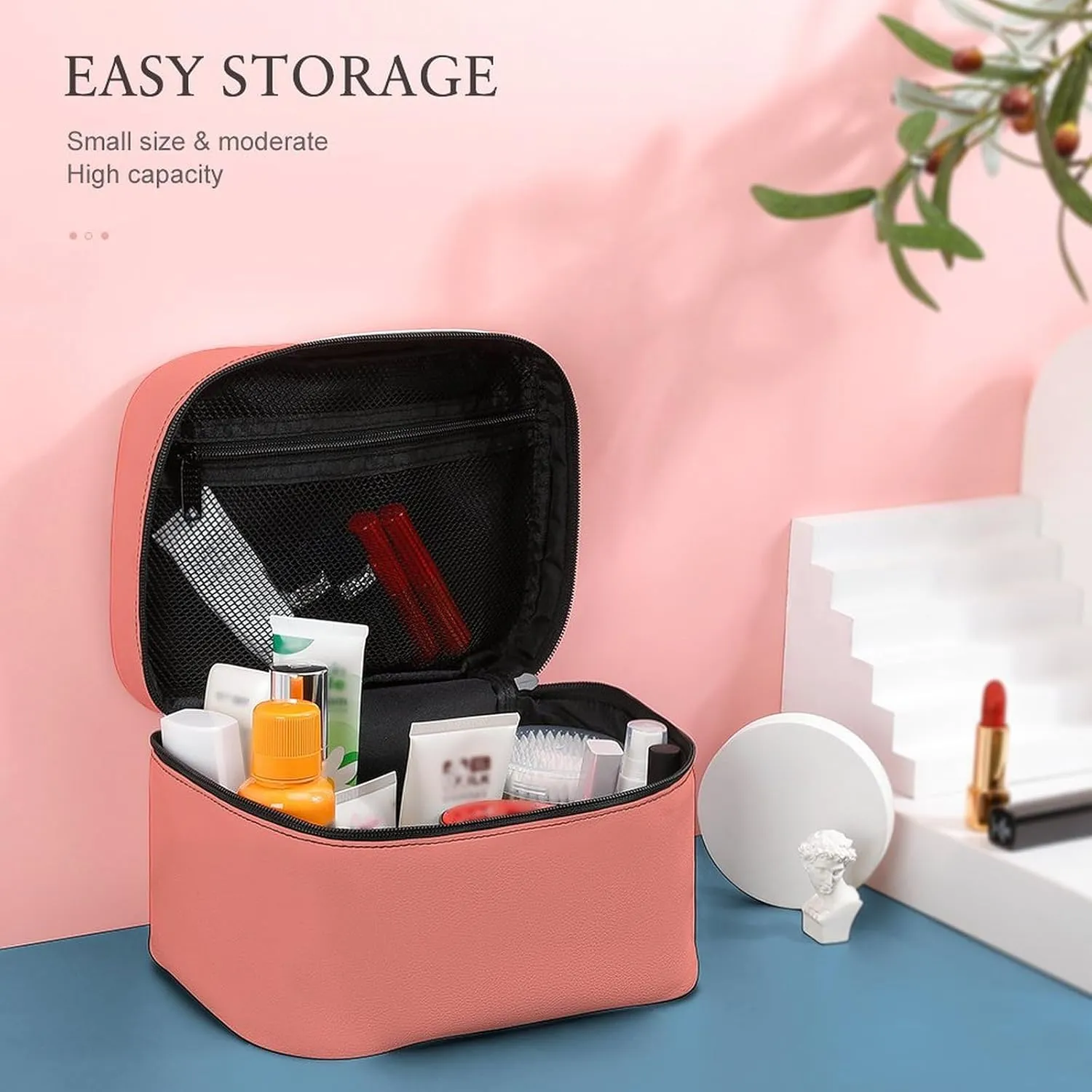 Makeup Bag, Modern Coral Travel Cosmetic Bag Makeup Organizer Case Large Capacity Portable Zipper Toiletry Bag for Women