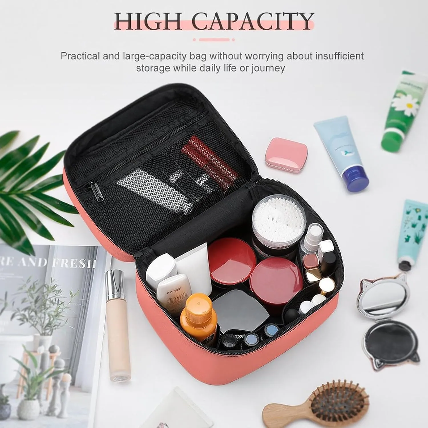 Makeup Bag, Modern Coral Travel Cosmetic Bag Makeup Organizer Case Large Capacity Portable Zipper Toiletry Bag for Women