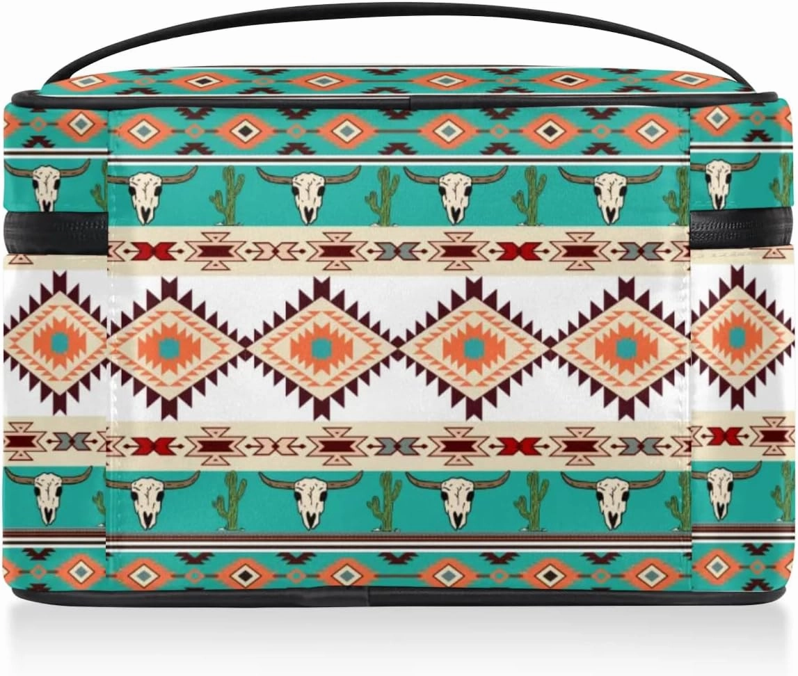 Makeup Bag,Navajo Aztec Bull Cactus Cosmetic Bags for Woman Girls,Portable Large Capacity Travel Makeup Case Organizer Cosmetic Case Travel Essential