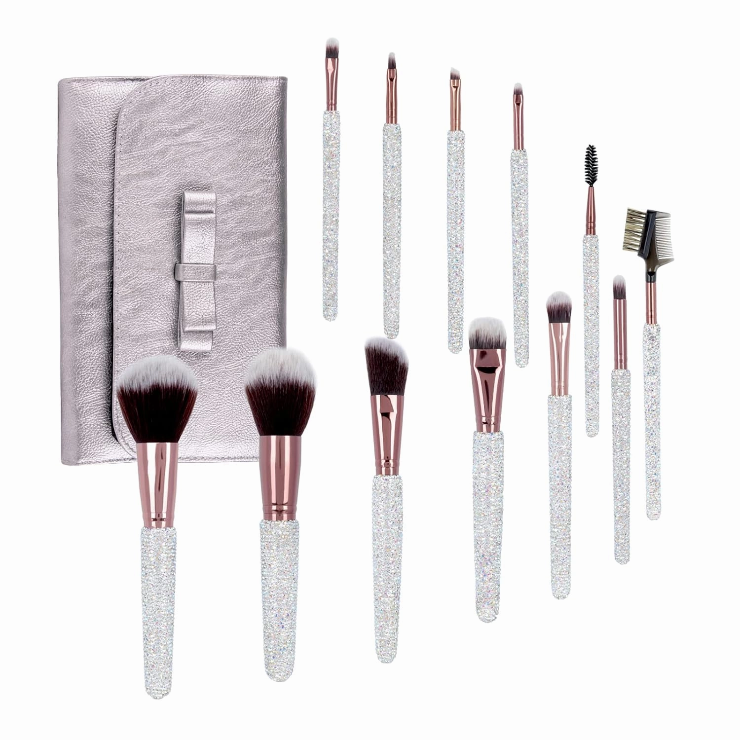 Makeup Brushes Bling Crystal Professional Face Cosmetics Blending Liquid Foundation Powder Concealer Eye Shadows Make Up Beauty Tool Glitter with Pouch Bag Kit Purely Handmade (12PCS) (White)
