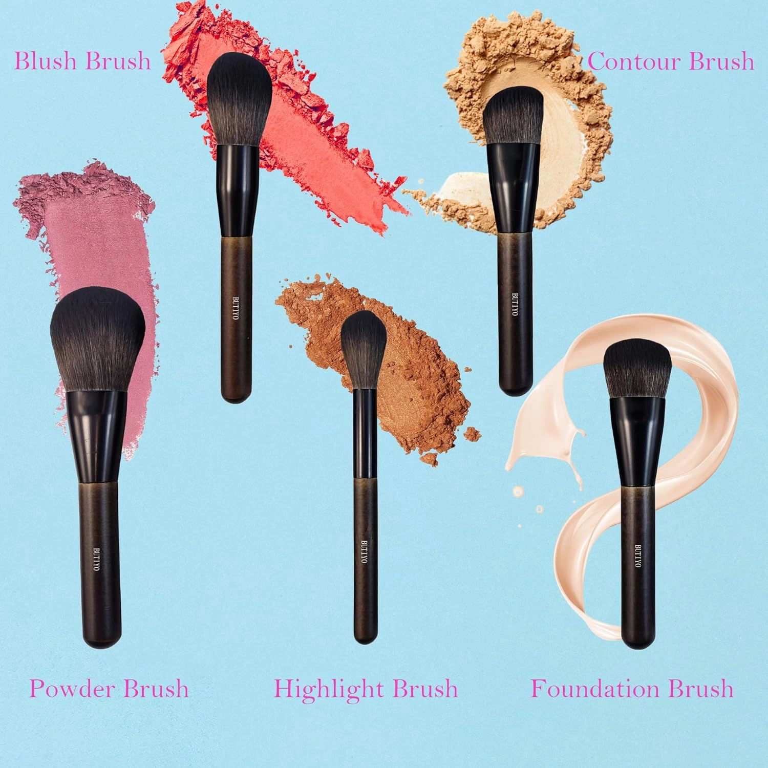 Makeup Brushes Set BUTIYO Synthetic Foundation Powder Contour Blush Highlight Make up Brushes with black for Face (5 PCS) FB008