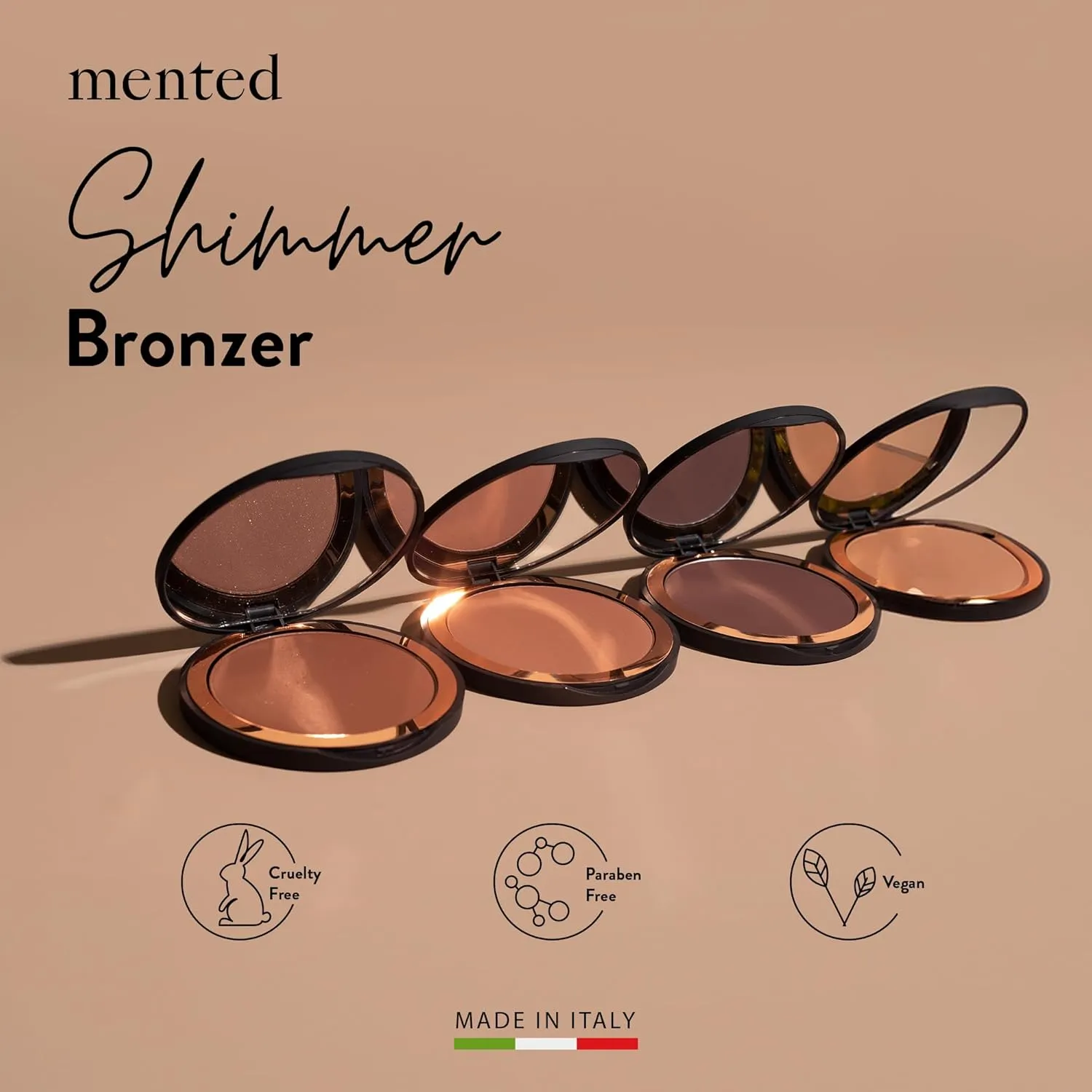Mented Cosmetics Made in Italy, Cruelty Free Makeup, Vegan, Paraben Free, Shimmer Bronzer, Highlighter Bronzing Powder Palette for Face with Vitamin E   A, 0.35oz/10g, Beach Bum