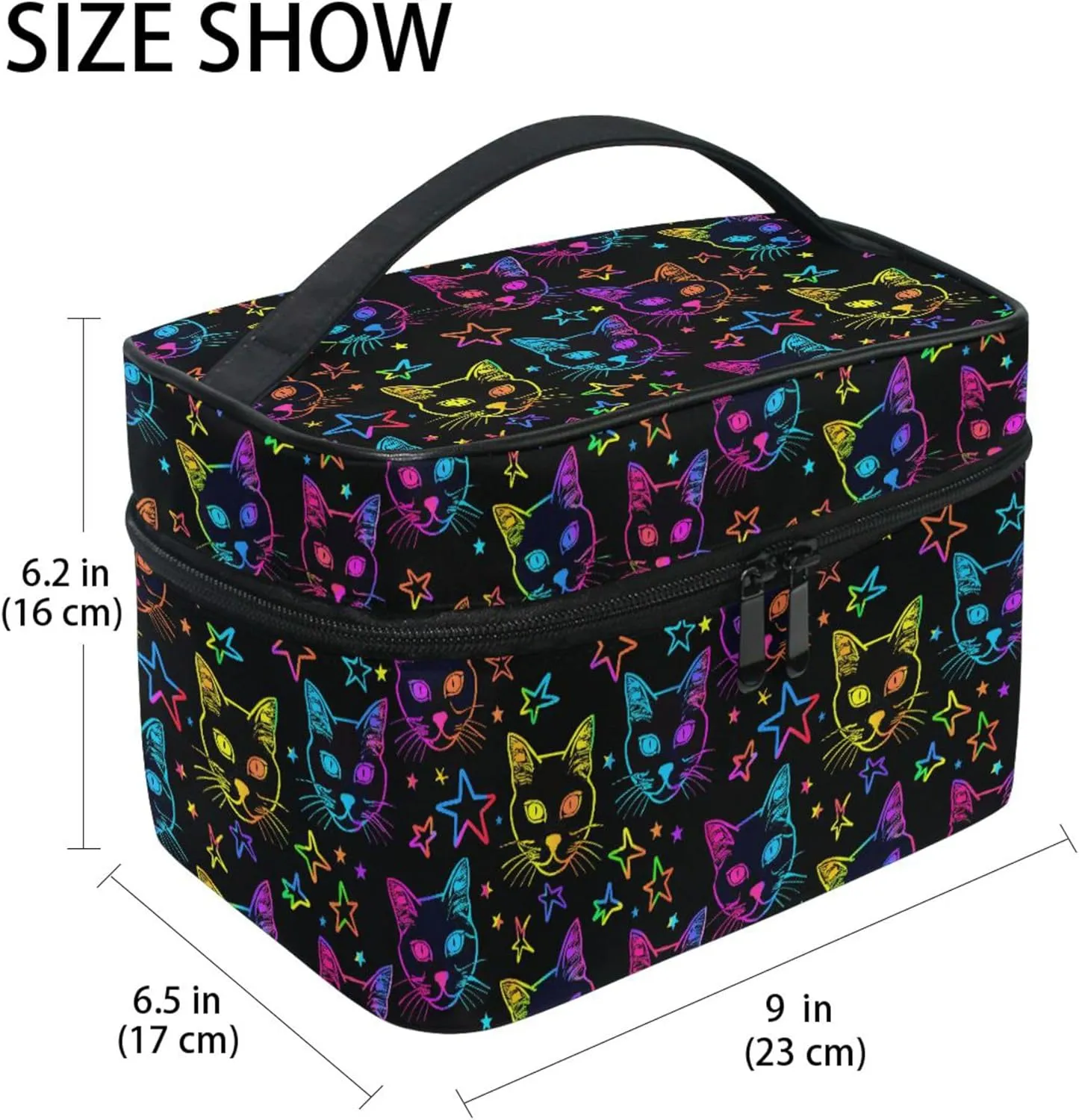 MNSRUU Makeup Bags, Neon Cats and Stars Makeup Organizer Bags Toiletry Bag Box Travel Cosmetic Bag Make Up Train Case for Women Teen Girl Ladies