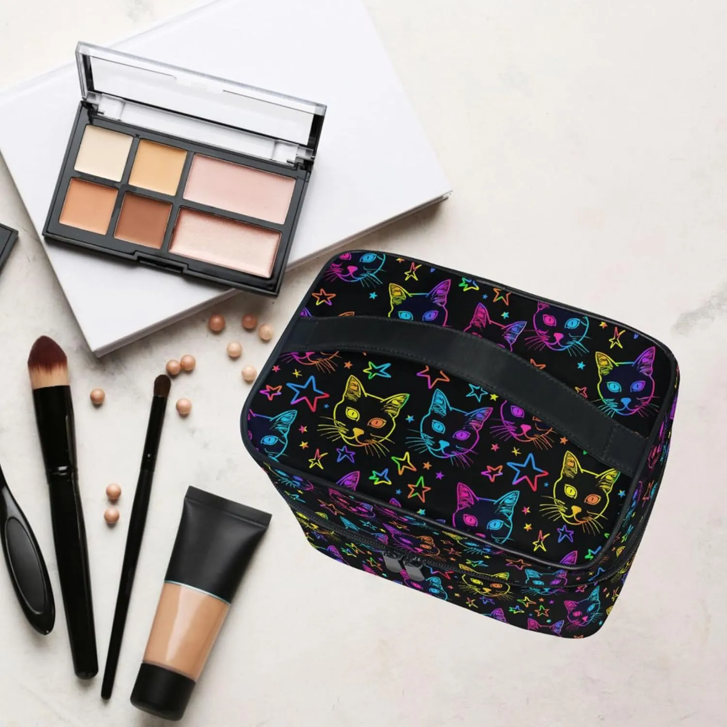 MNSRUU Makeup Bags, Neon Cats and Stars Makeup Organizer Bags Toiletry Bag Box Travel Cosmetic Bag Make Up Train Case for Women Teen Girl Ladies