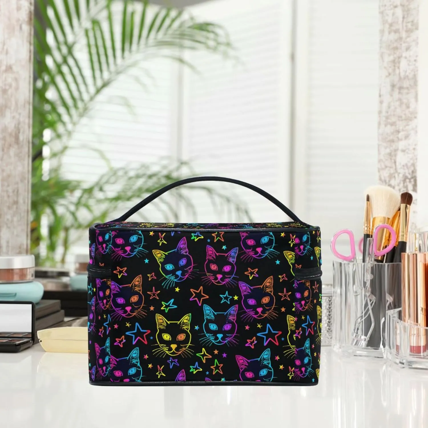 MNSRUU Makeup Bags, Neon Cats and Stars Makeup Organizer Bags Toiletry Bag Box Travel Cosmetic Bag Make Up Train Case for Women Teen Girl Ladies