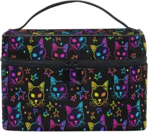 MNSRUU Makeup Bags, Neon Cats and Stars Makeup Organizer Bags Toiletry Bag Box Travel Cosmetic Bag Make Up Train Case for Women Teen Girl Ladies