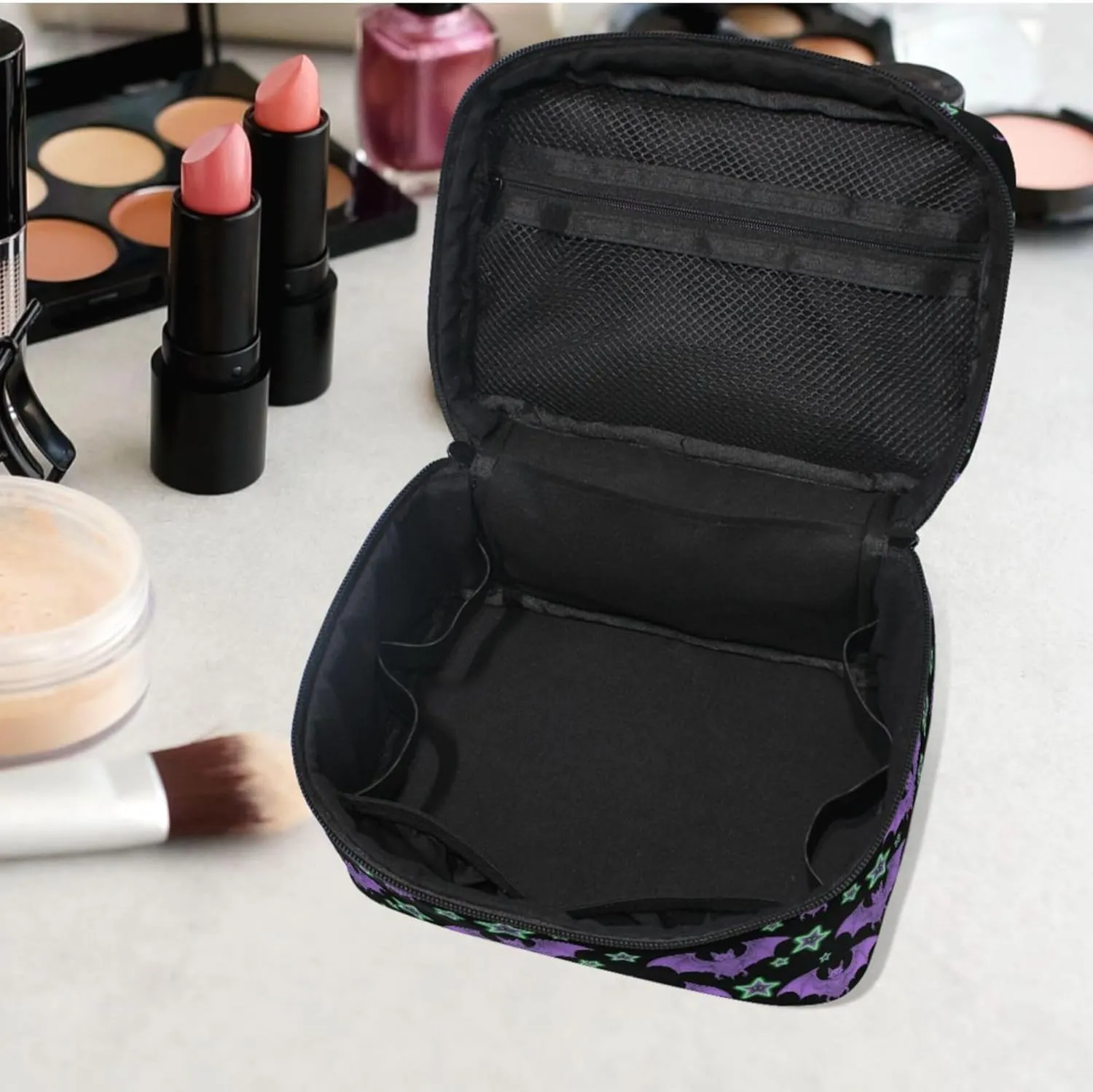 MNSRUU Makeup Bags, Purple Bat Star Makeup Organizer Bags Toiletry Bag Box Travel Cosmetic Bag Make Up Train Case for Women Teen Girl Ladies