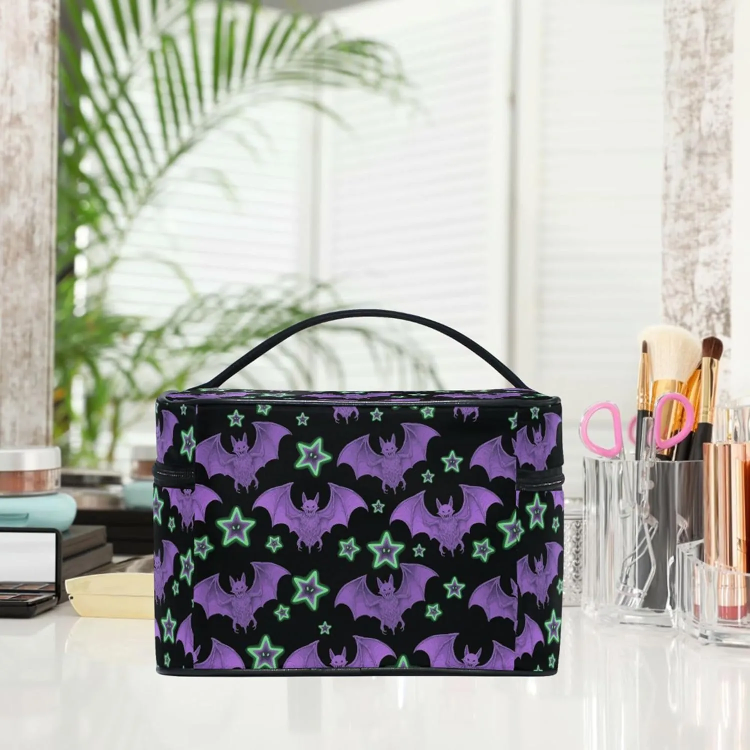 MNSRUU Makeup Bags, Purple Bat Star Makeup Organizer Bags Toiletry Bag Box Travel Cosmetic Bag Make Up Train Case for Women Teen Girl Ladies