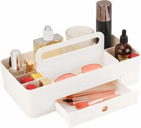 Multipurpose Caddy Organizer with Handle -8 Compartments and 1 small drawer - Art Craft Supplies, Office, Desk, Stationery Pen Holder, Makeup, Bathroom, Shower, Cleaning, Dorm Organizer - White