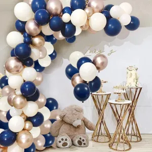 Navy Blue and Rose Gold Balloon Arch Kit With Cream Ivory Balloons 141Pcs for Teddy Bear Baby Shower Decorations Boy, Birthday Decorations for Women Men, Blue and Gold Party