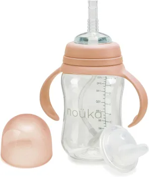 nouka Tritan Plastic Transitional Sippy Cup with Weighted Straw | Leak Proof and Easy Grip | Removable Handles | Soft Blush