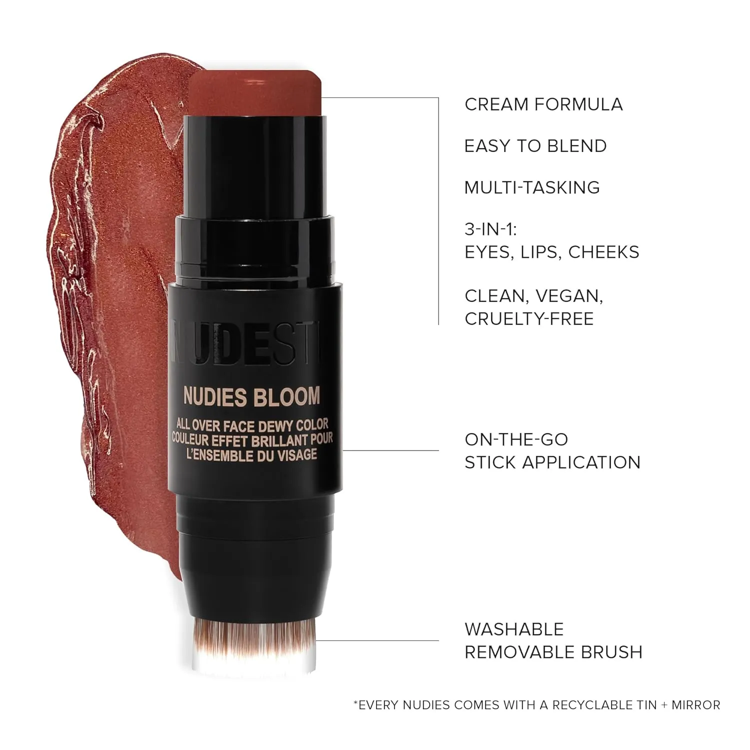 Nudestix Nudies Bloom Dewy and Radiant Cream Blush 3-in-1 All Over Face Colour For Cheeks, Eyes and Lips w/Blending Brush