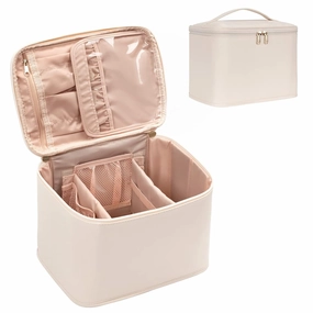 OCHEAL Makeup Bag, Portable Cosmetic Bag, Large Capacity Travel Case Organizer, Makeup Bags For Women Toiletry Bag for Girls Traveling With Handle and Divider- Beige Large