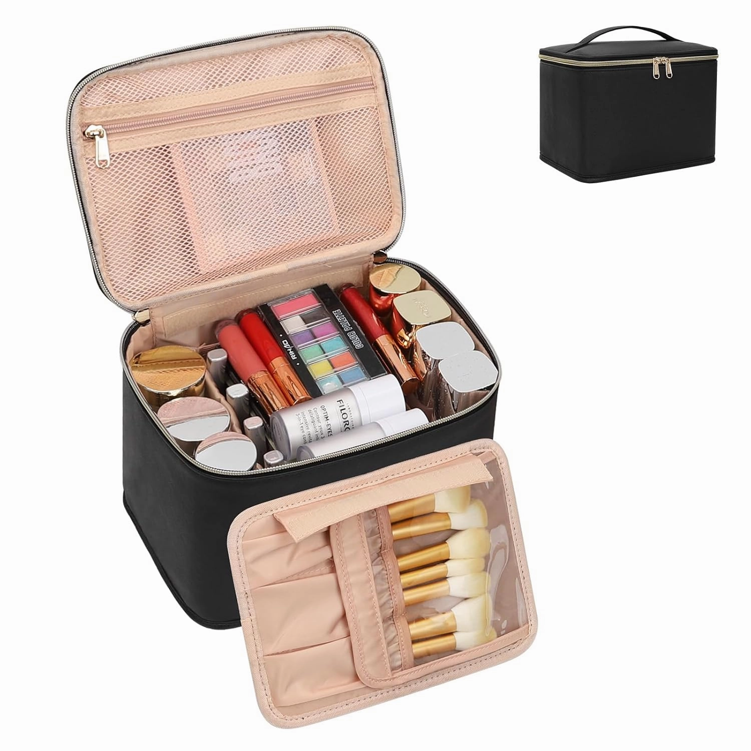 OCHEAL Travel Makeup Bag, Large Make up Bag Organizer Cosmetic Case with Detachable Brush Divider and Multi-purpose Comparement,Waterproof Portable for Toiletry Accessories Makeup Tools-Black