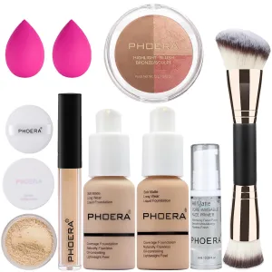 PHOERA Foundation, PHOERA Contour Palette,Shades with Highlighter & Bronzer & Blush,Up to 24 Hour Fresh Wear,PHOERA Concealer Primer Powder (102 104  #002 Contour/Nude Buff Beige #002)